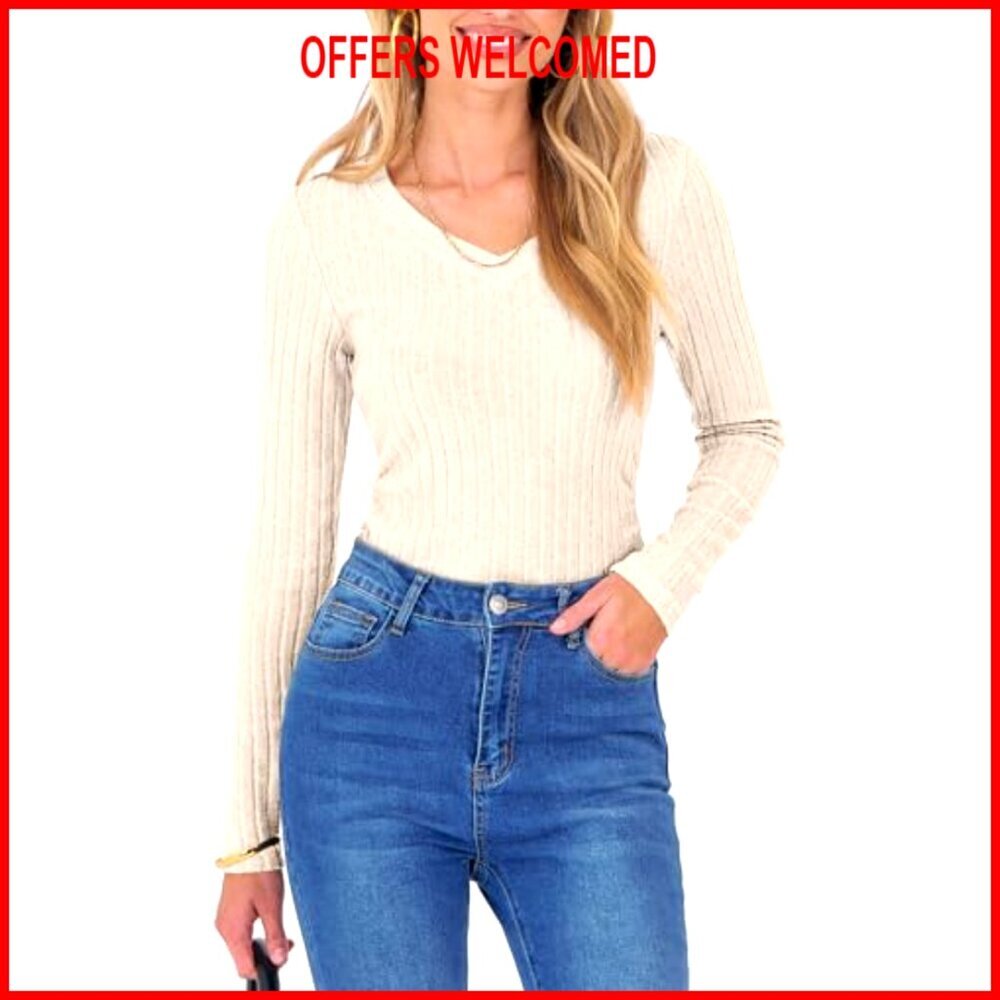 Long Sleeve V Neck Ribbed Knit Slim Fit Lightweight Sweater Tunic Shirt - Picture 2 of 6